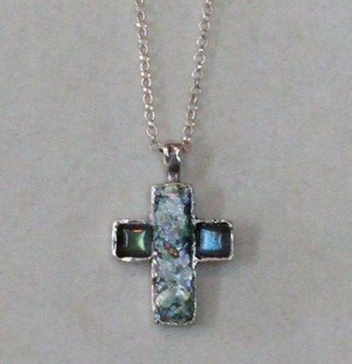 Sterling Silver Cross Pendant for Woman. Holy Land Roman glass, silver and Gemstones - Bluenoemi