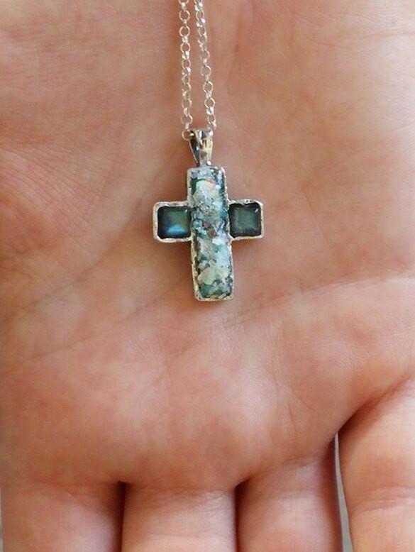 Sterling Silver Cross Pendant for Woman. Holy Land Roman glass, silver and Gemstones - Bluenoemi