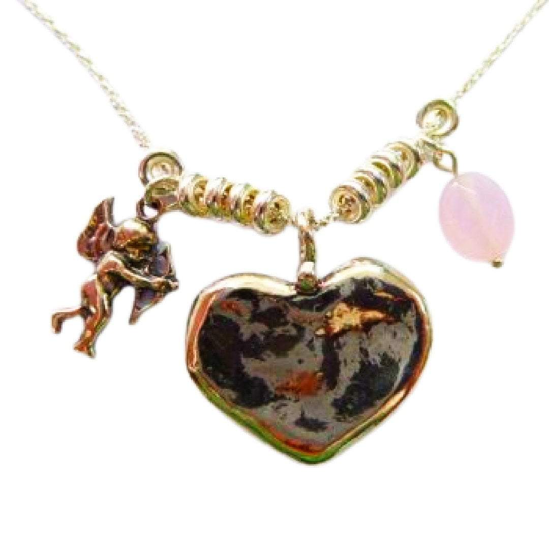 Israel Sterling silver heart Cupidon rose quartz charms necklace love message - Bluenoemi
