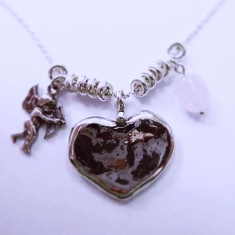 Israel Sterling silver heart Cupidon rose quartz charms necklace love message - Bluenoemi