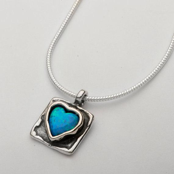 Bluenoemi Jewelry Necklaces Sterling Silver heart necklace for woman /  blue opal silver necklace / romantic necklace
