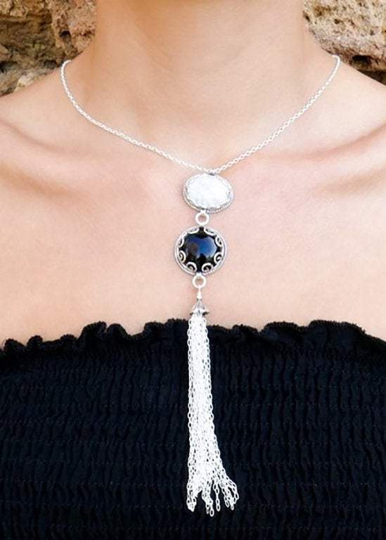 Bluenoemi Jewelry Necklaces Sterling Silver long statement necklace sterling silver tassel chains hanging from a lab created howlite and onyx stones