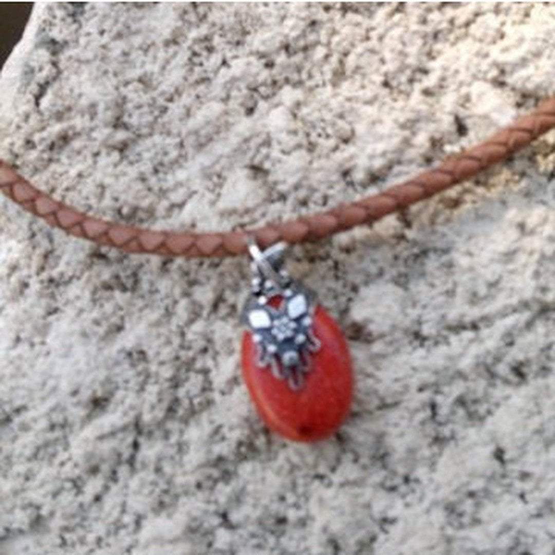 Sterling Silver Necklace pendant filigree hamsa on brown leather chain - Bluenoemi