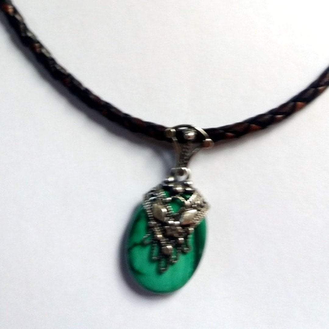 Sterling Silver Necklace pendant filigree hamsa on brown leather chain - Bluenoemi