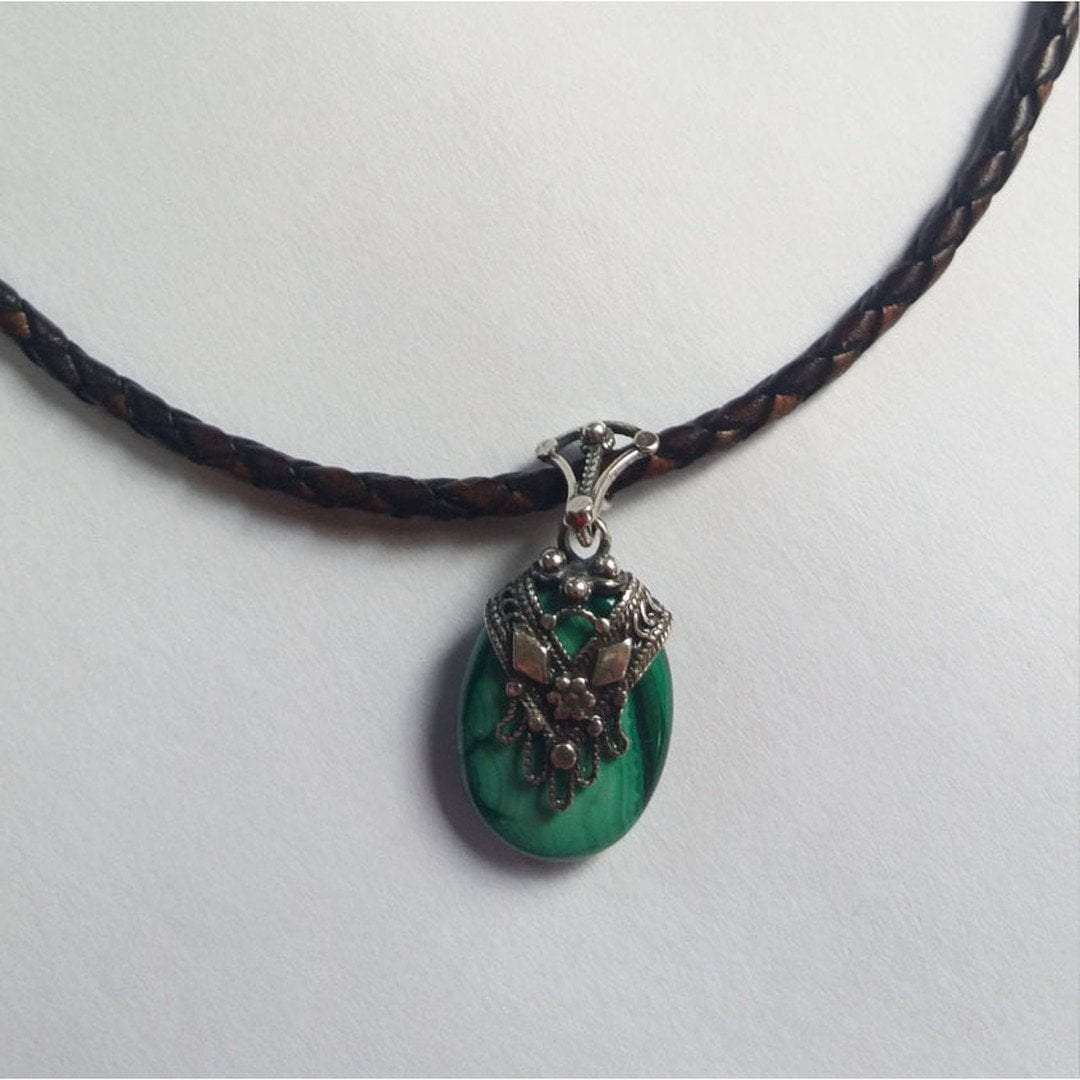 Sterling Silver Necklace pendant filigree hamsa on brown leather chain - Bluenoemi