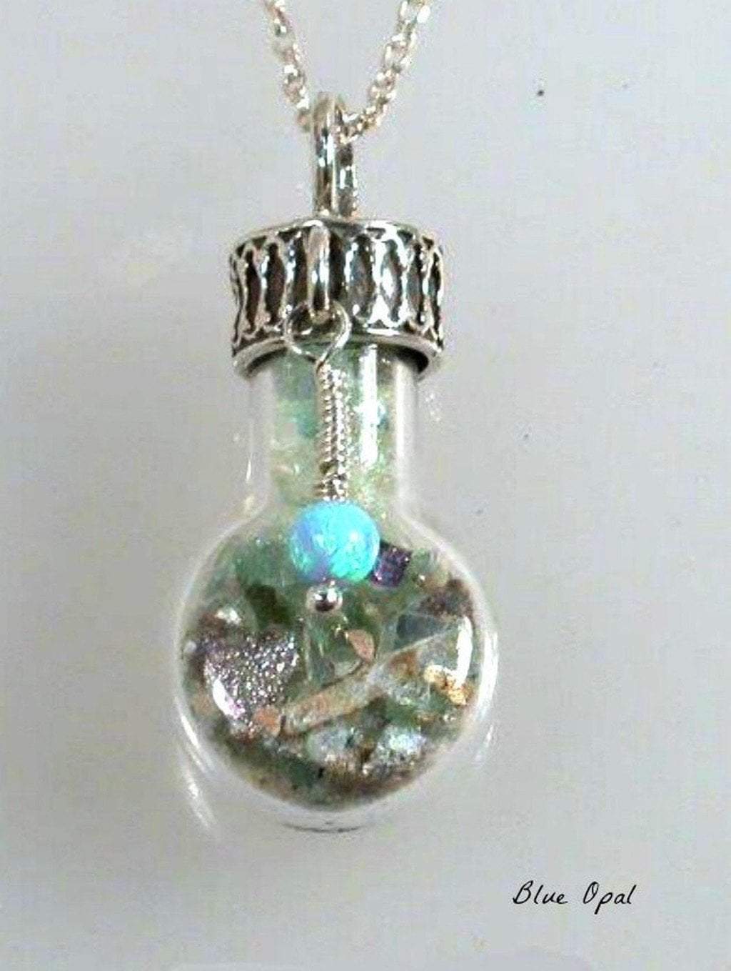 Bluenoemi Jewelry Necklaces Sterling Silver Roman Glass in a Bottle Necklace with Charms Necklaces 925