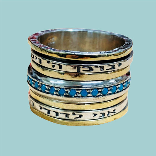 Bluenoemi Jewelry Personalized Rings Spinner ring for woman . Hebrew Fidget Meditation ring. Love & wishes verses rings. Turquoises, opals, cz zircons