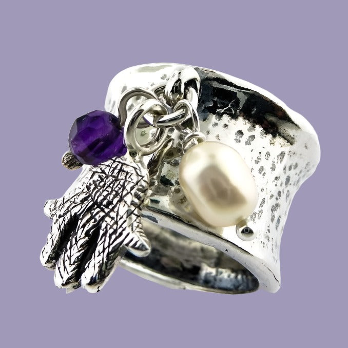 Bluenoemi Jewelry Rings Bluenoemi silver hamsa ring for women with an amethyst a pearl