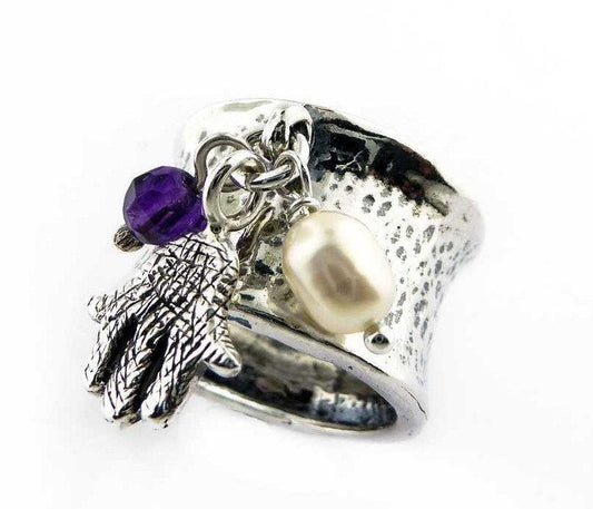 Bluenoemi Jewelry Rings Bluenoemi silver hamsa ring for women with an amethyst a pearl