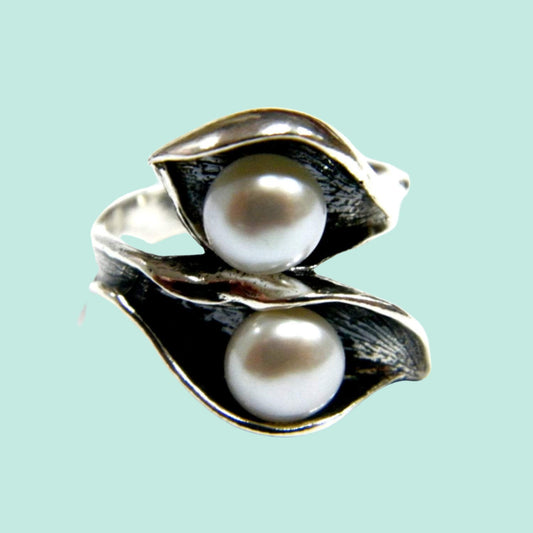 Bluenoemi Jewelry Rings Elegant silver ring for women, 2 pearls silver rings for women, silber ringe für frauen