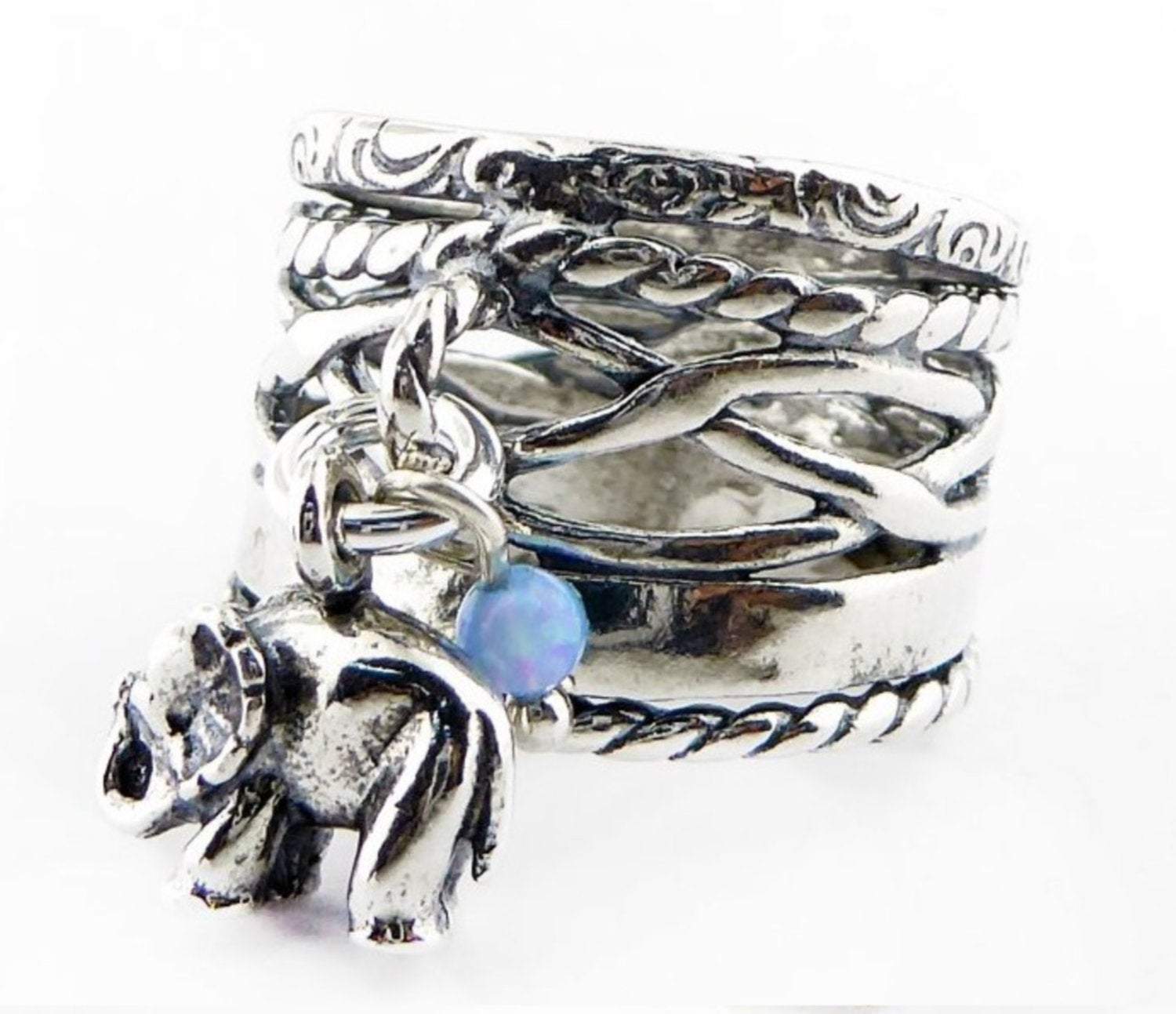 Bluenoemi Jewelry Rings Elephant charm sterling silver ring for women, blue opal silver ring for woman, silber ringe für frauen