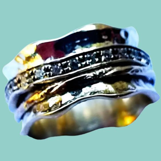 Meditation ring for woman, cz zircons silver and gold spinning ring - Bluenoemi