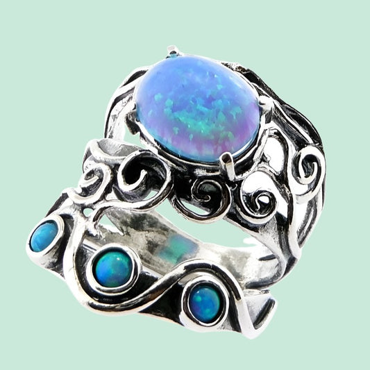 Bluenoemi Jewelry Rings Silver ring set with opal, blue opal on silver ring,  bohemian rings
