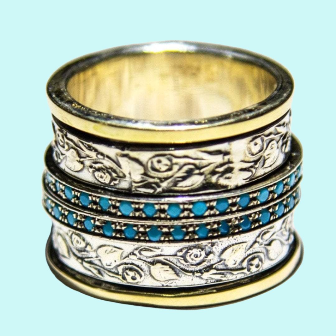 Bluenoemi Jewelry Rings Spinner ring , silver 9K gold lab opals spinner ring , spinner rings for women