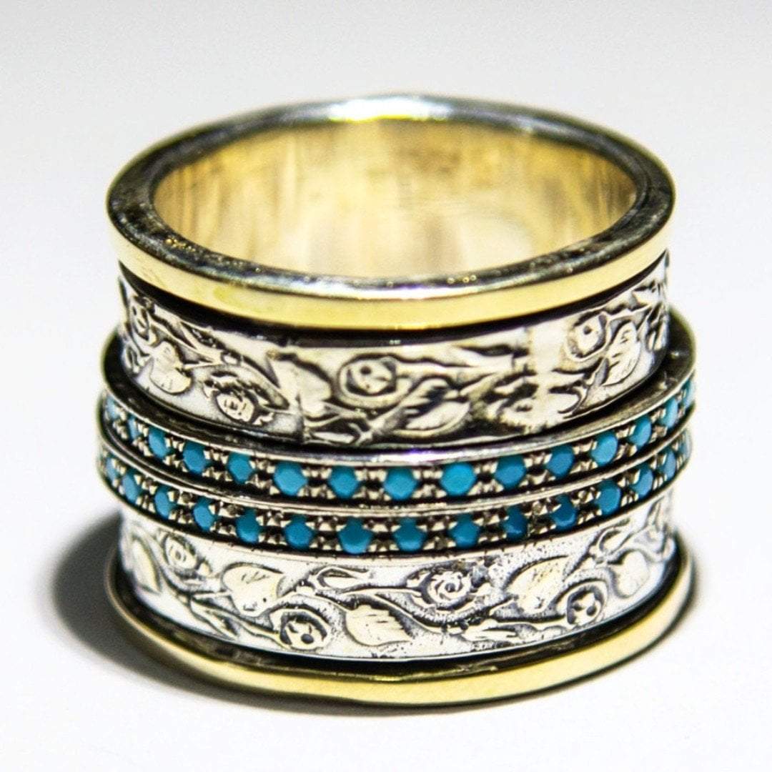 Bluenoemi Jewelry Rings Spinner ring , silver 9K gold lab opals spinner ring , spinner rings for women