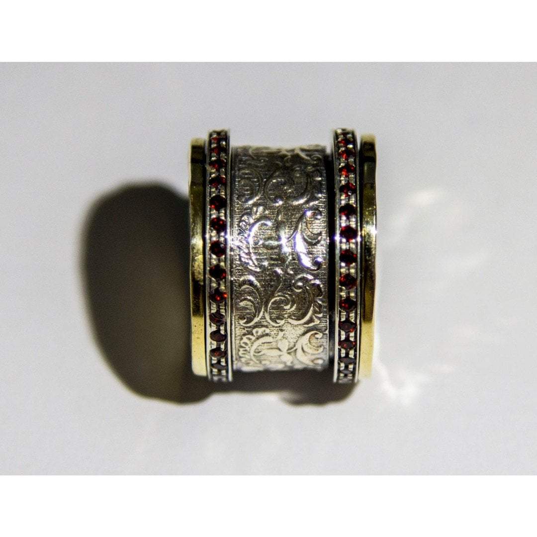 Bluenoemi Jewelry Rings Spinner ring , silver gold garnets spinner ring , spinner rings for women, floral romantic ring