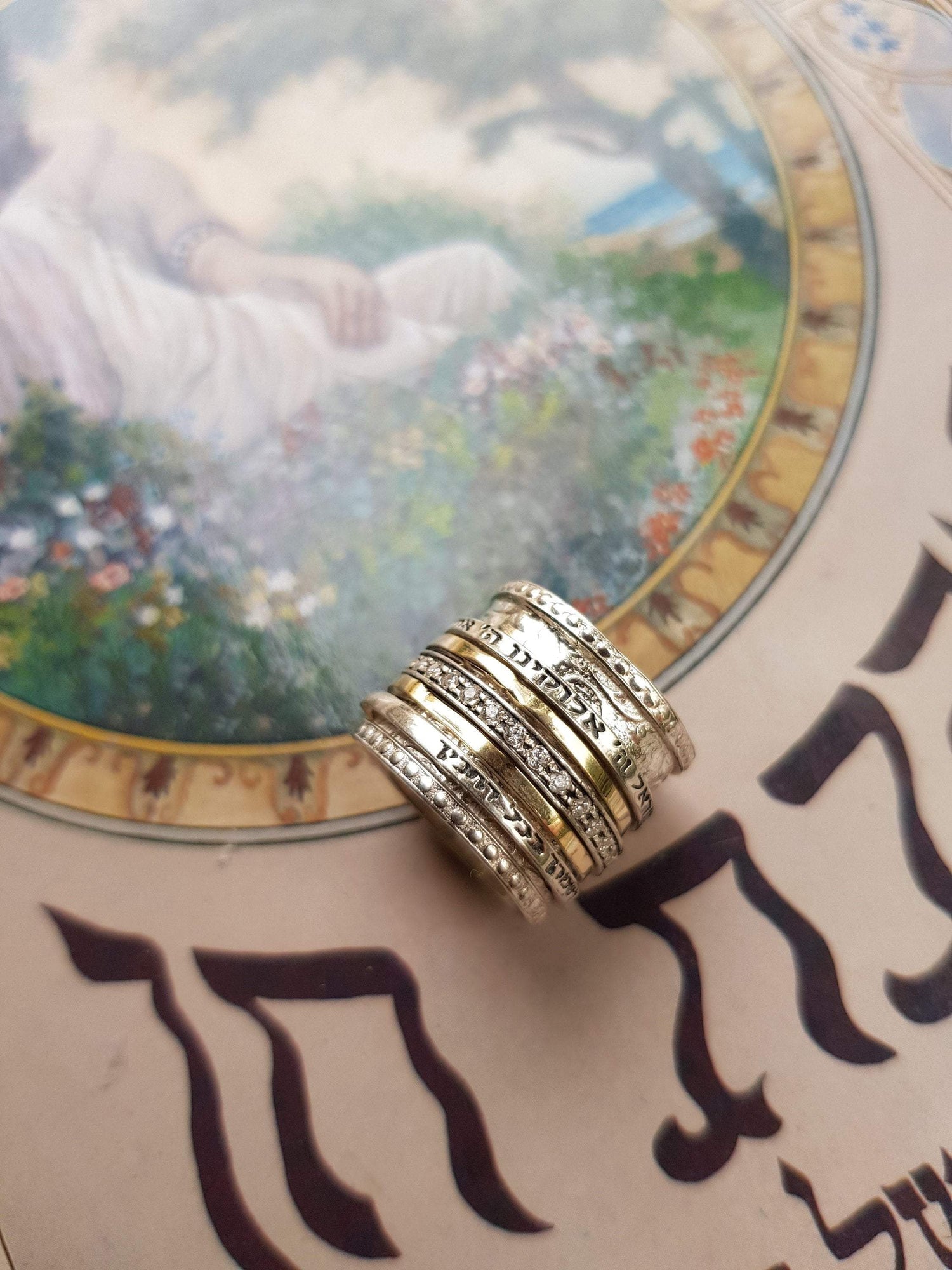 Bluenoemi Jewelry Rings Stackable Hebrew Blessing Rings for Woman prayer & poesie silver gold CZ zircons Israeliche Schmuck