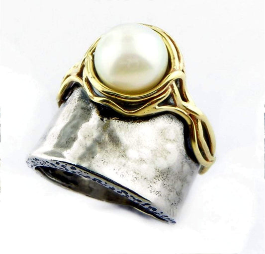 Bluenoemi Jewelry Rings Sterling silver & gold ring for women, pearl on a silver ring decorated with a gold band for woman, bohemian silber ringe für frauen