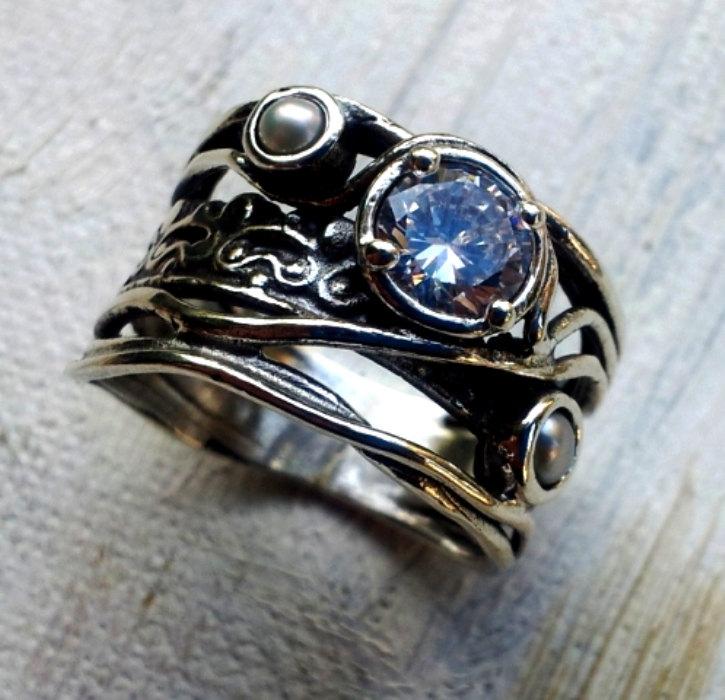 Sterling silver pearl ring. CZ zirconia ring. Israeli rings for women. Bohemian pearls ring. - Bluenoemi