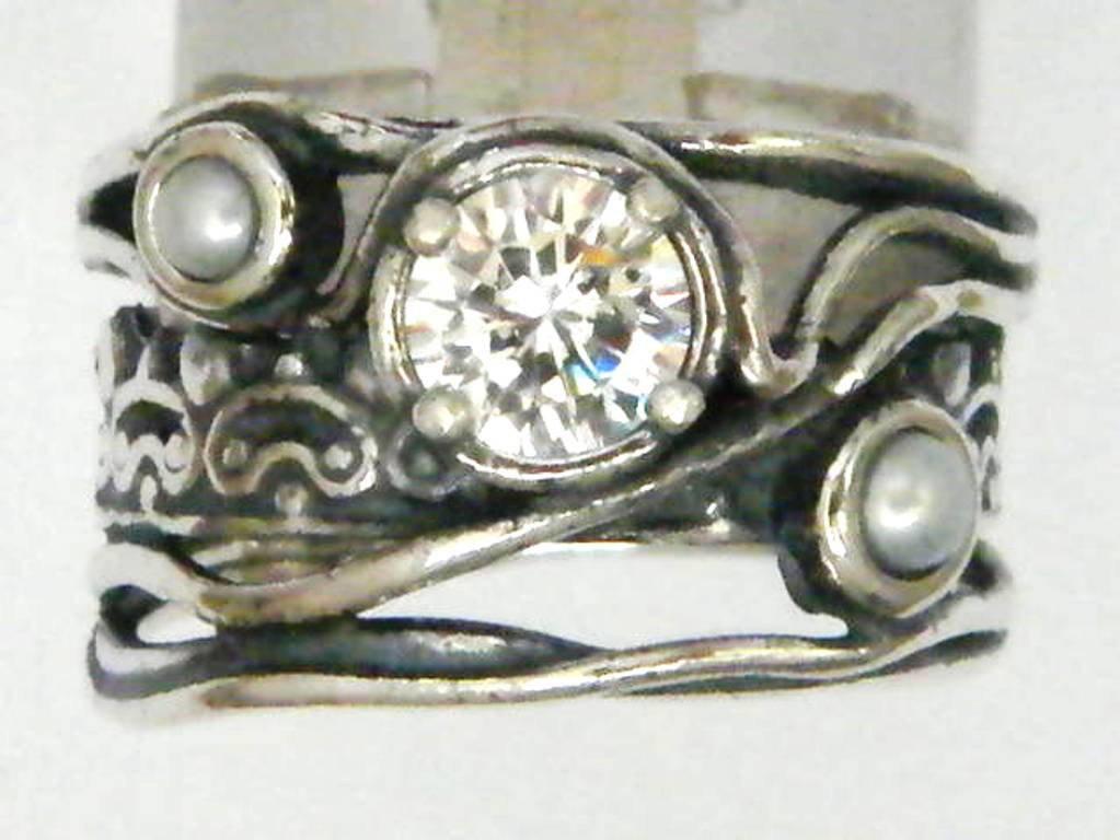 Sterling silver pearl ring. CZ zirconia ring. Israeli rings for women. Bohemian pearls ring. - Bluenoemi
