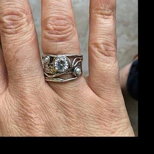 Sterling silver pearl ring. CZ zirconia ring. Israeli rings for women. Bohemian pearls ring. - Bluenoemi
