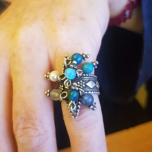 Bluenoemi Jewelry Rings Sterling Silver Ring Filigree with Dangling Gemstones