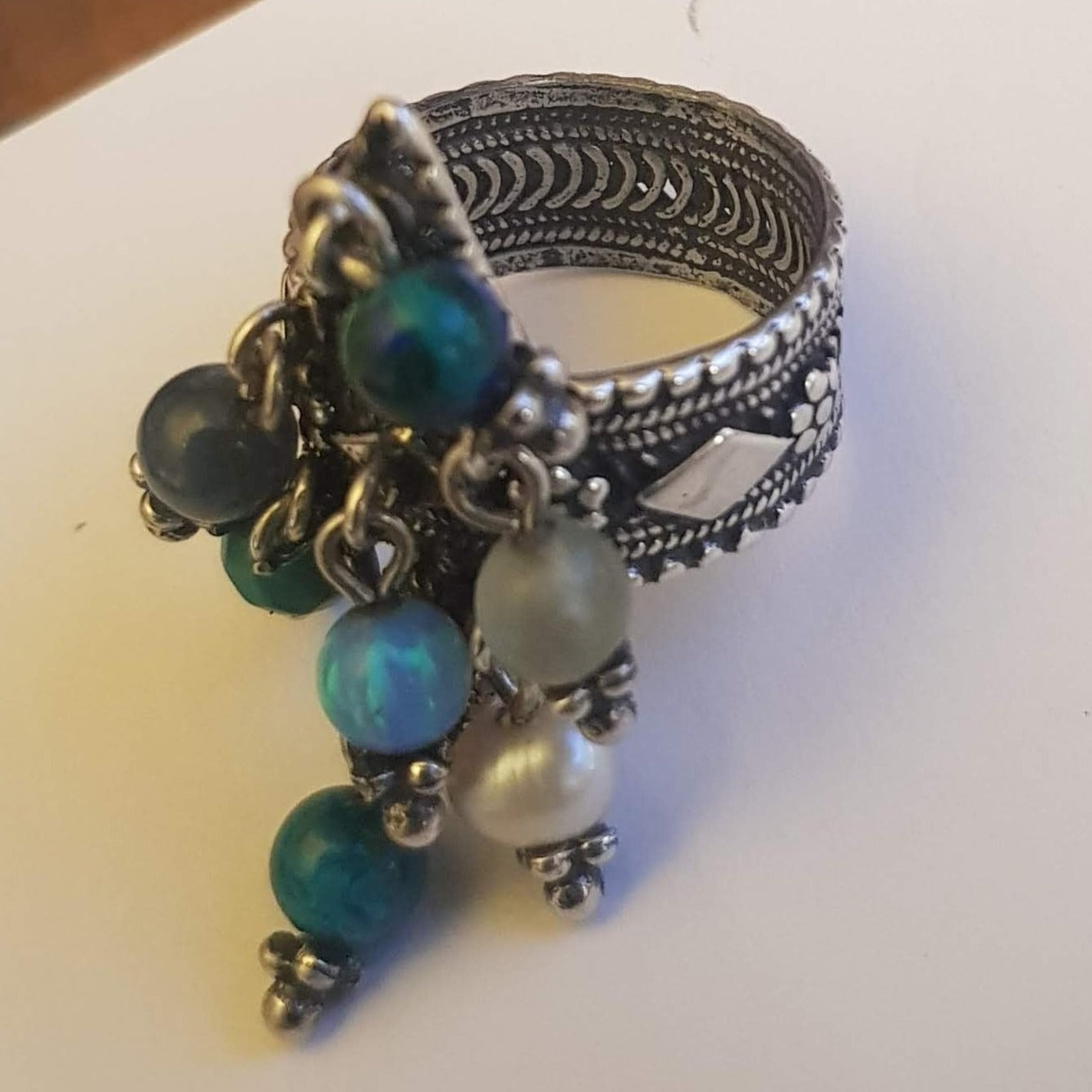 Bluenoemi Jewelry Rings Sterling Silver Ring Filigree with Dangling Gemstones