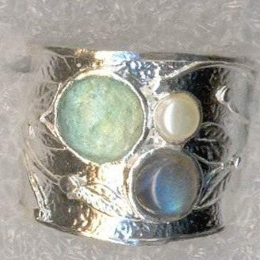 Bluenoemi Jewelry Rings Sterling silver ring. Roman glass ring 925 silver ring with a pearl and gemstone.