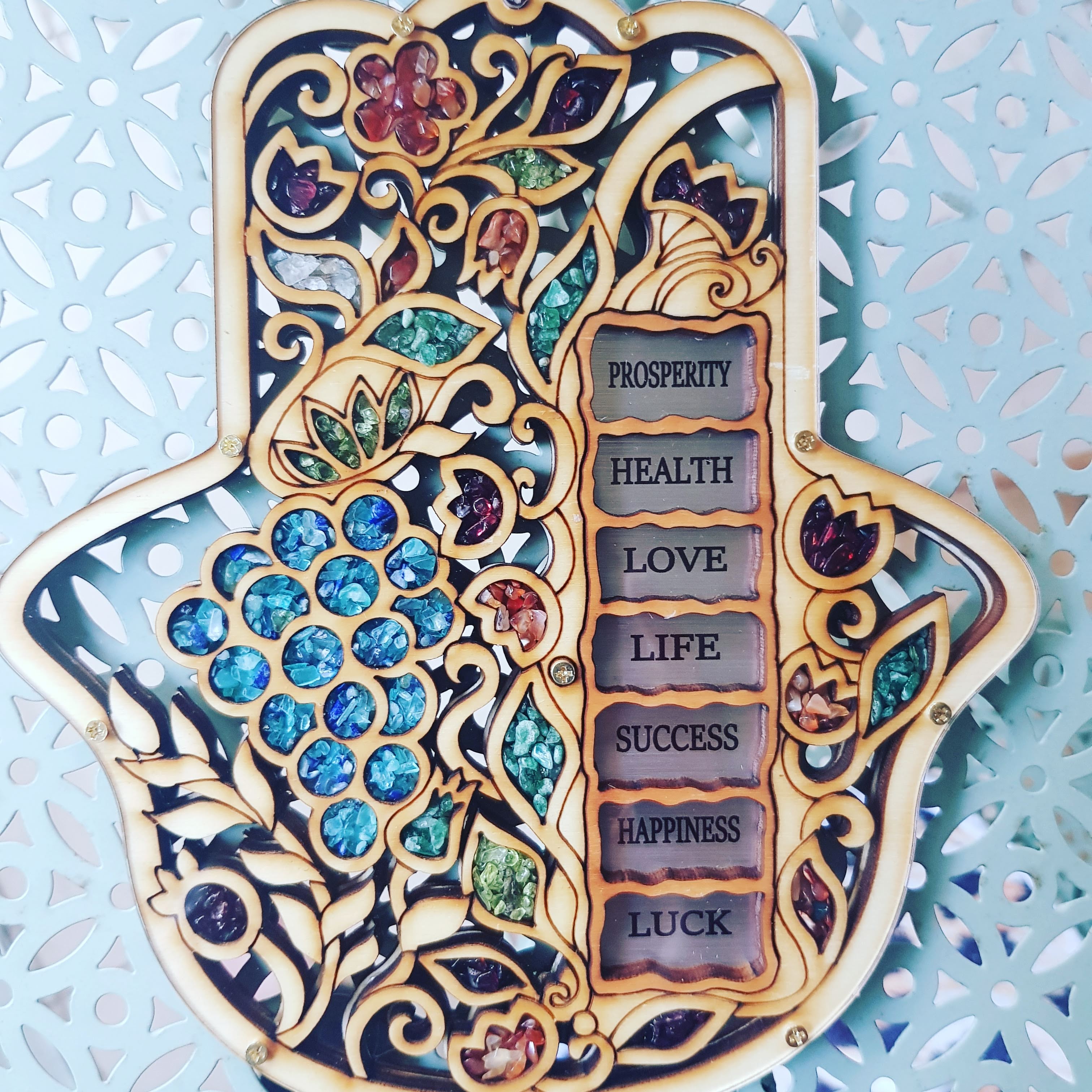 Seven Blessings Hamsa for Home with intricate design and blessings
