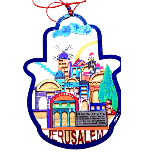 Bluenoemi Israeli Gifts Hamsa Metal Laser Cut English Jerusalem View - Bluenoemi