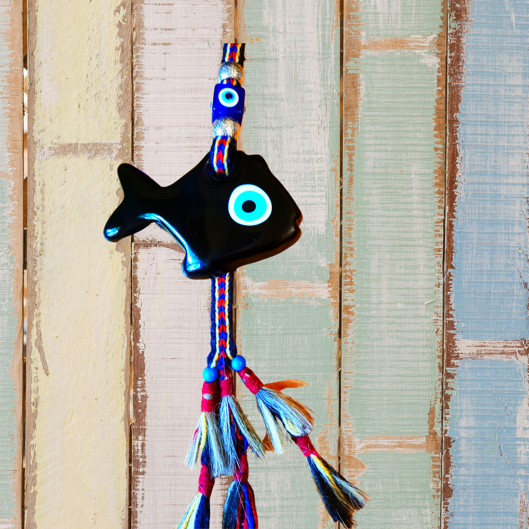 Glass Wall Hanging Fish Blue Eyes Symbols on a colourful rope. - Bluenoemi