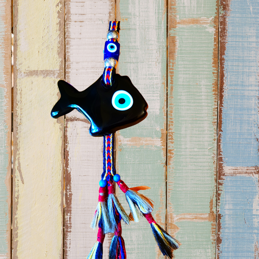 Bluenoemi Jewelry wall hangings 1 Glass Wall Hanging Fish Blue Eyes Symbols on a colourful rope.