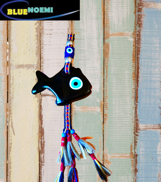 Bluenoemi Jewelry wall hangings 1 Glass Wall Hanging Fish Blue Eyes Symbols on a colourful rope.
