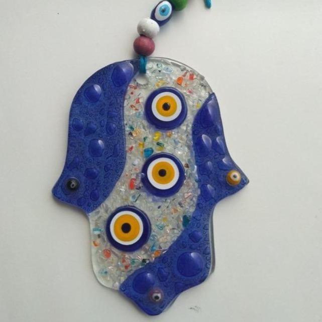 Bluenoemi Jewelry Wall Hangings 3 eyes on Blue Glass Ceramic Hamsa Souvenir Luck and Jewish Symbols