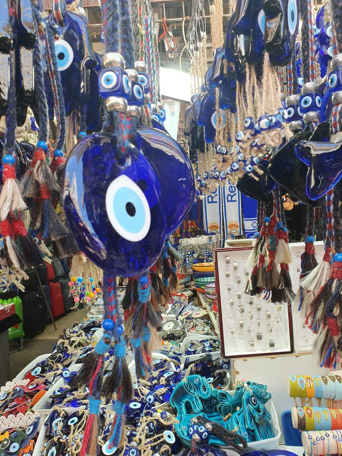 Bluenoemi Jewelry wall hangings Blue Glass Evil Eye Souvenir Luck and Blue Eyes Symbols and beads on a rope.