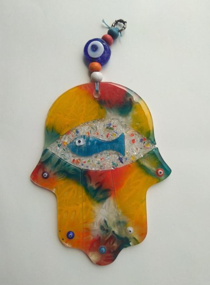 Bluenoemi Jewelry Wall Hangings Fish on orange Glass Ceramic Hamsa Souvenir Luck and Jewish Symbols
