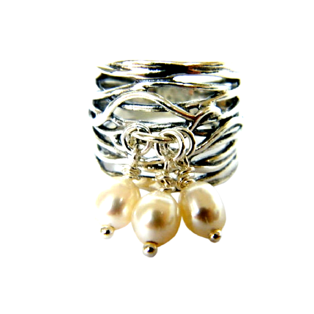 Sterling silver ring with Pearls Charms Bohemian band - Bluenoemi