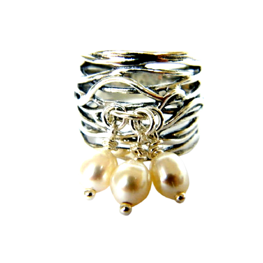 Sterling silver ring with Pearls Charms Bohemian band - Bluenoemi