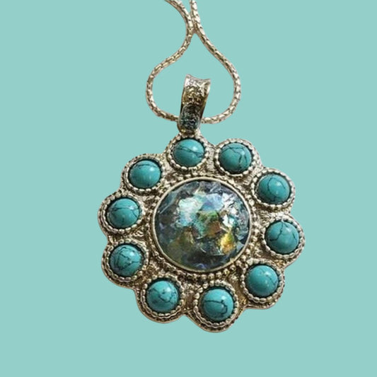 Bluenoemi Necklaces & Pendants 45cm / silver Roman glass necklace. Designer Sterling silver necklace set with roman glass and Turquoises