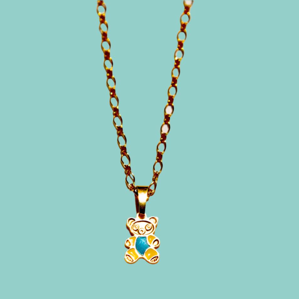 Bluenoemi Necklaces & Pendants Gold Teddy Bear charm necklace , cute gold plated bridesmaid necklace, blue enameled.