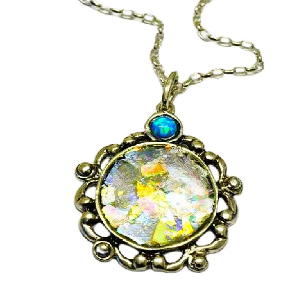 Bluenoemi Necklaces & Pendants Roman glass jewelry necklace / 45 cm / blue green Roman glass necklace Israeli Sterling silver opal
