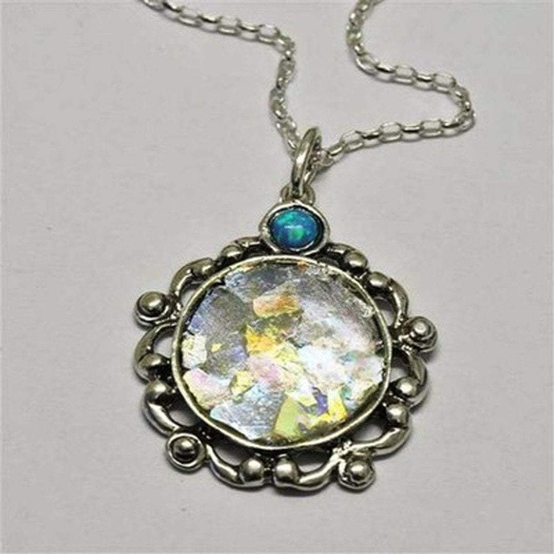 Bluenoemi Necklaces & Pendants Roman glass jewelry necklace / 45 cm / blue green Roman glass necklace Israeli Sterling silver opal