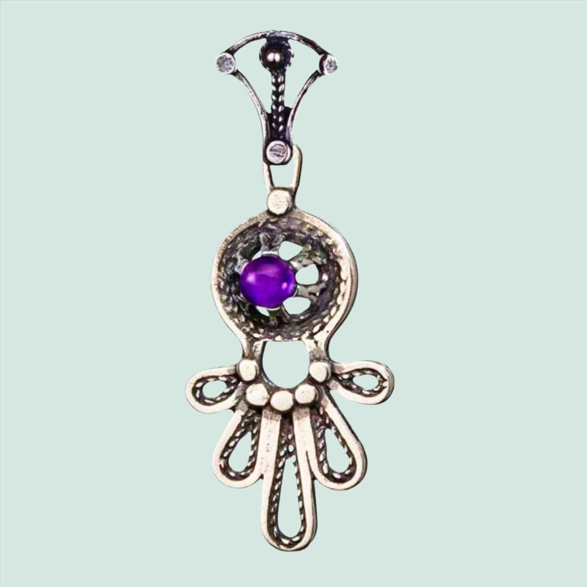 Sterling Silver Chain and Pendant Necklace Israeli Hamsa jewelry designer filigree opal /cornelian/ garnet / amethyst / lapis - Bluenoemi
