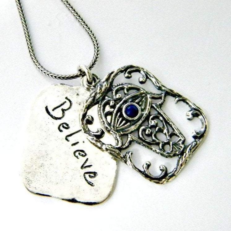 Bluenoemi Necklaces Sterling silver necklace bohemian design Israeli Believe Hamsa Pendants set lapis