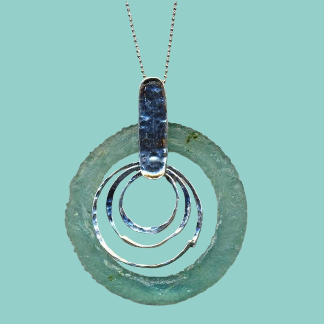 Sterling silver necklace, Roman glass pendant, Israeli Jewelry - Bluenoemi