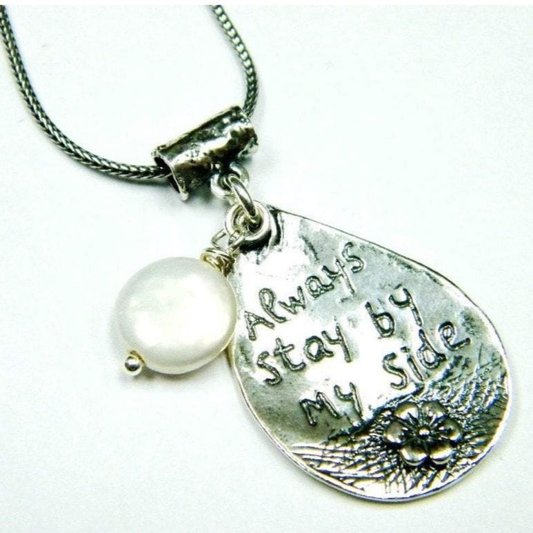 Bluenoemi Necklaces Sterling Silver necklace , scripture love message "Stay by my Side" with a dangling pearl