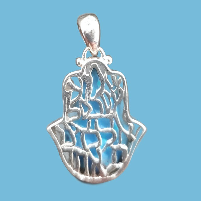 Hamsa Hand Pendant Necklace – Lab-Created Blue Opal, Gold Plated 925 Sterling Silver