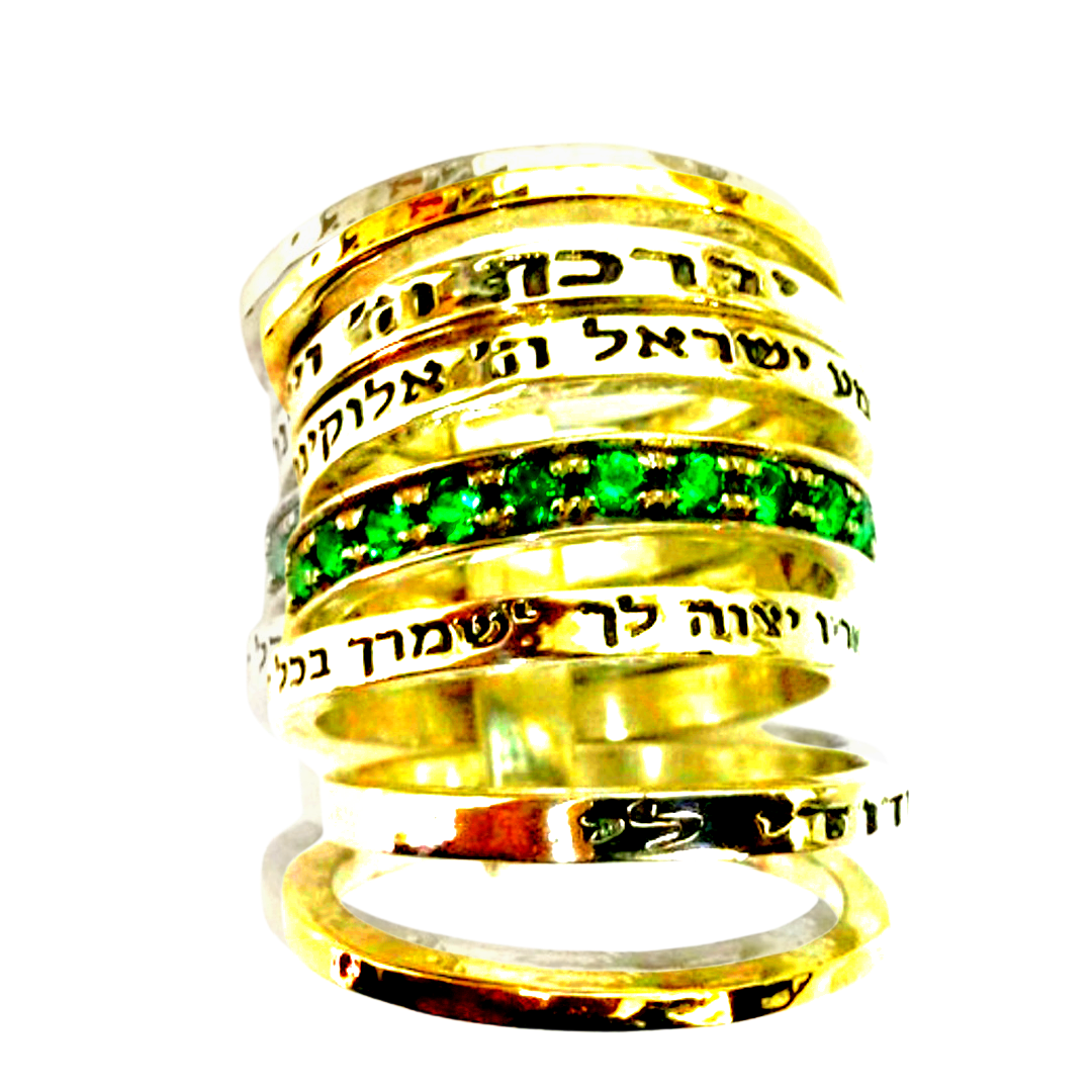 Bluenoemi Rings 10 / emerald zircons Bluenoemi Israeli Jewelry, Hebrew Bless Jewelry,  Prayer & Poesie Ring . Rings for Woman, Rings for Man.