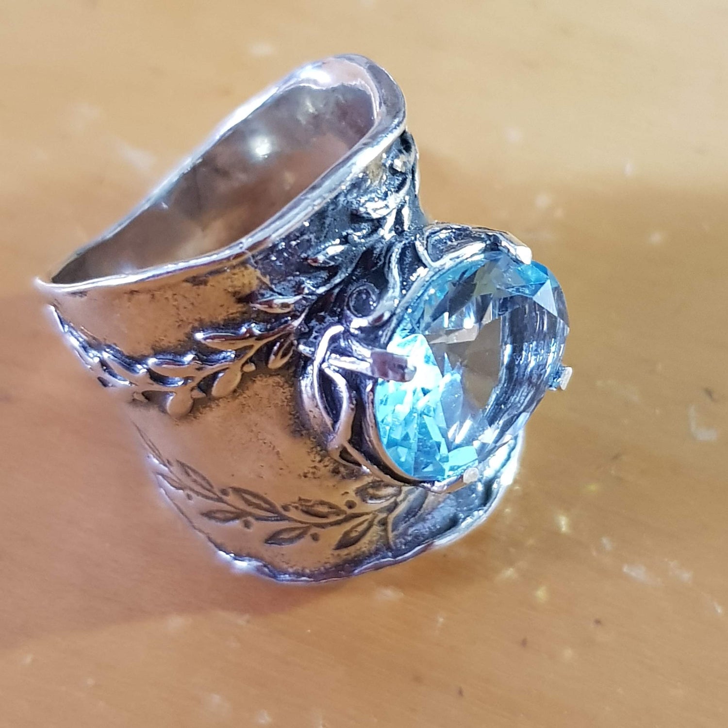 Bluenoemi Rings 6 / blue topaz Sterling silver ring for woman.  BOHO 925 silver ring. Bluenoemi design floral jewelry set CZ zircon