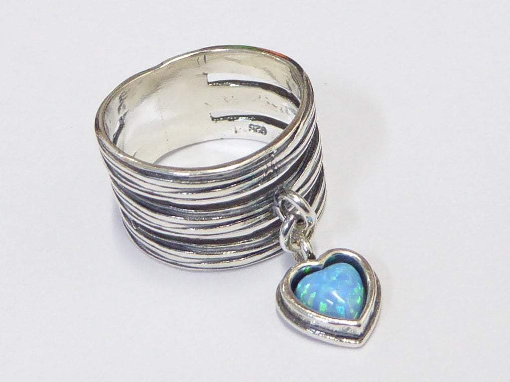 Bluenoemi Rings Israel Sterling Silver 925 Ring Dangle Blue Opal Heart Love Jewelry